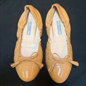 Prada Women’s Camel Leather Bow Ballet Flats